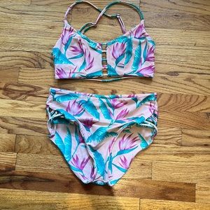 Two Piece Tropical Palm Print High Waisted Reversible Bikini